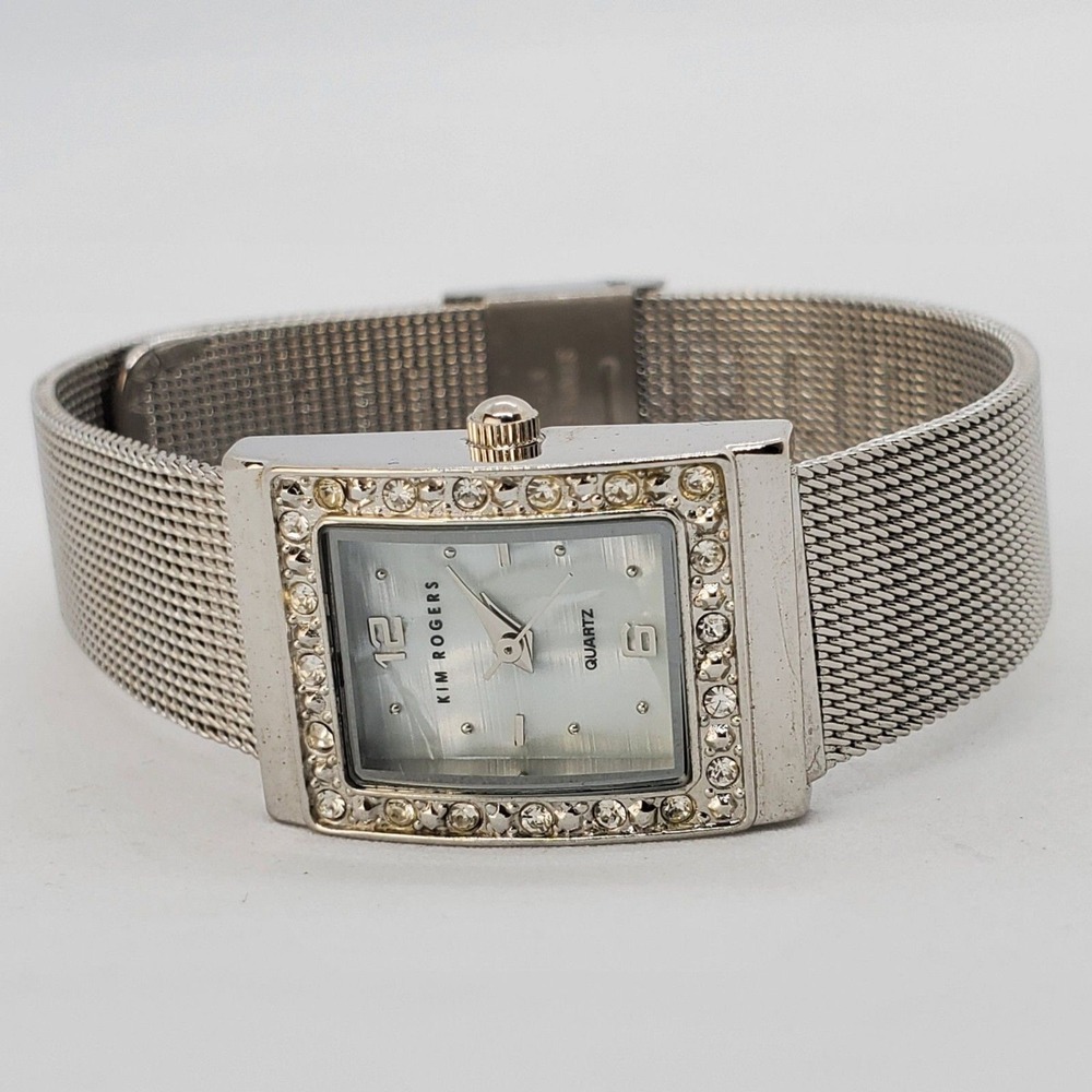 Kim Rogers Women's Watch 20MM MOP‎ Dial Crystal Bezel Gray Mesh Band New Battery